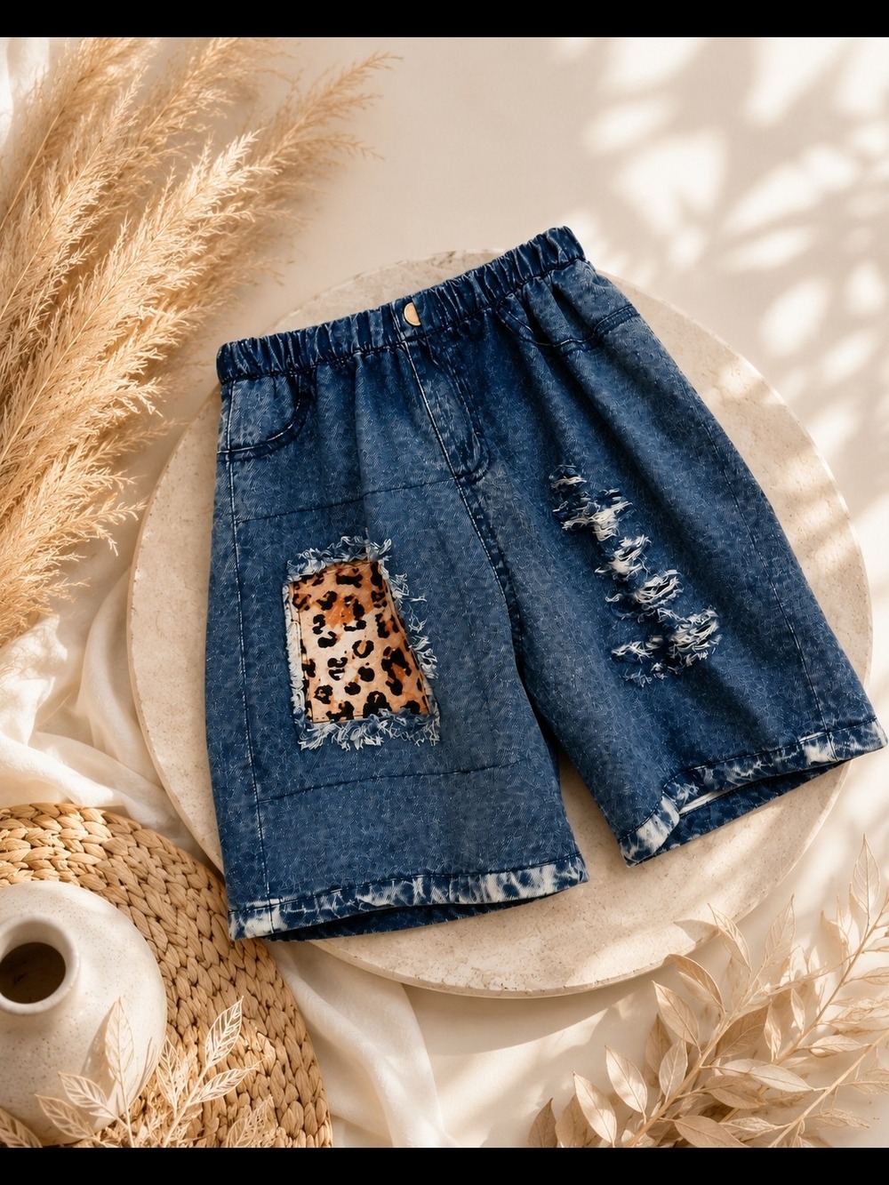 Kids Denim Printed Shorts with Leopard Patch - Blue Size 10 Girls